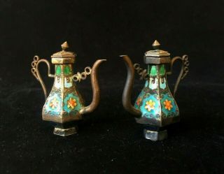Antique Chinese Enamel Silver Miniature Ewers Teapots