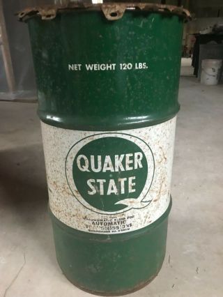 Vintage Quaker State Oil Drum Barrel Trash Can Man Gave Garage