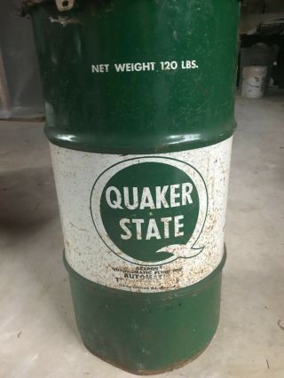 Vintage Quaker State Oil Drum Barrel Trash Can Man Gave Garage 3