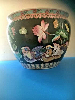 Large Vintage Chinese Porcelain Koi Fish Bowl Planter Birds,  Lotus Flower