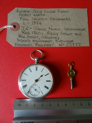 Antique Solid Silver Fusee Pocket Watch 1874 Good Order