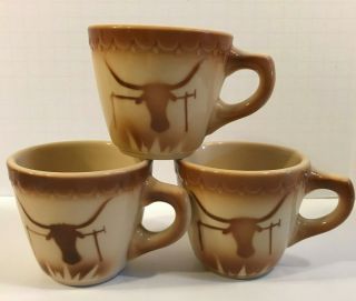 Vintage Western Longhorn Cattle 3 Coffee Cups Syracuse China Usa Restaurant Ware