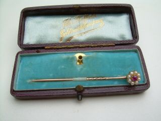 Antique Victorian 15ct Gold Ruby & Pearl Stick/tie/cravat Pin/collar Stud Boxed