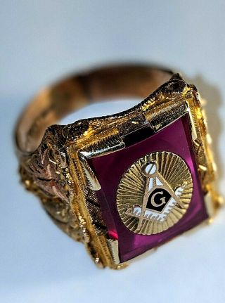Vintage Masonic Ruby Ring,  Solid10k Gold W/14k Black Hills Gold,  Sz 10.  75