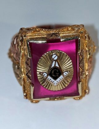 Vintage Masonic Ruby Ring,  Solid10K Gold w/14K Black Hills Gold,  Sz 10.  75 2
