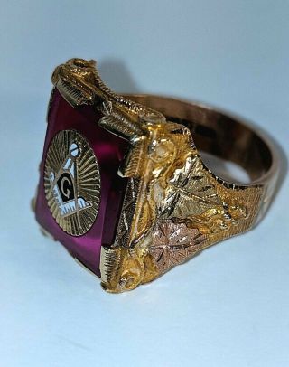Vintage Masonic Ruby Ring,  Solid10K Gold w/14K Black Hills Gold,  Sz 10.  75 4