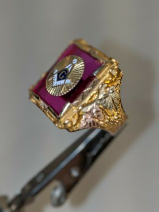 Vintage Masonic Ruby Ring,  Solid10K Gold w/14K Black Hills Gold,  Sz 10.  75 5
