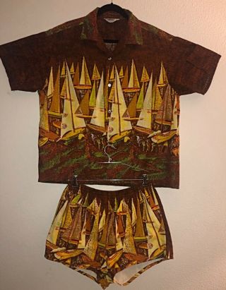 Vintage 50’s Mens PILGRIM Cabana Swim Trunks Beach SET HAWAIIAN Shirt XL BOATS 8