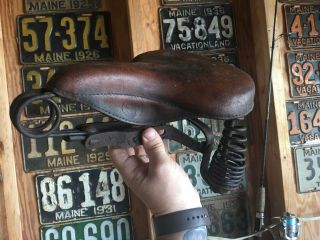 Antique Bicycle Seat Springer Leather Bike Cycle Maine Barn Find
