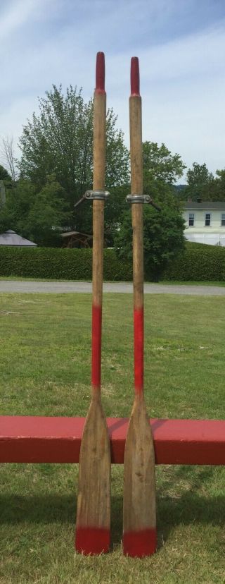 Vintage Weathered Set Of Wooden Oars W/ Red Trim 72 ",  Locks Paddles Boat Canoe