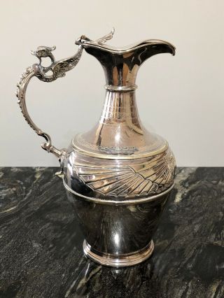 Antique Early Silver Plated Claret Jug Wine Ewer Serpent Handle 11” Nearly 1kg