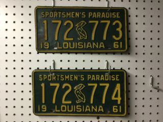1961 Pair Vintage Louisiana License Plates Plate 172 773 And 172 774