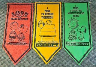 Three Vintage Peanuts Pennants Snoopy Linus Sally Pig Pen - Felt Banner - 1960 