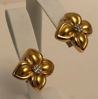 Charles Garnier Paris Vintage Pierced Earrings 18k Yg With Diamond Centers