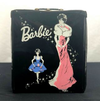 Vintage 1962 Barbie Doll Case Black Vinyl With Dolls,  Clothes,  And Accesories