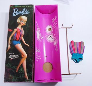 Htf Vintage Barbie Dolls Pale Blonde American Girl Barbie Box,  Swimsuit & Stand