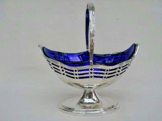 Fine Edwardian Sterling Silver & Bristol Blue Glass Swing Handle Sugar Bowl.