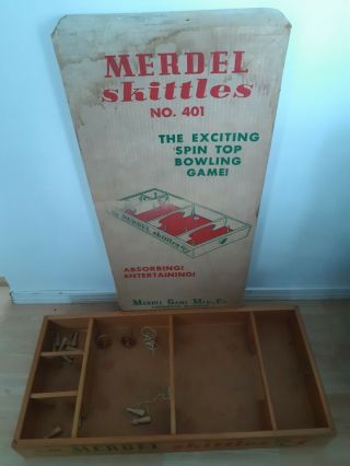 Vintage Merdel Skittles Bowling Game No 401 Complete 12 Pins And 2 Spinners