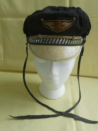 Harley Davidson Motorcycle Hat,  Visor Cap With Leather Tie Straps,  Vtg.