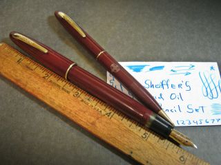 Vtg Sheaffer Set Standard Oil Burgundy & Gold Fountain Pen & Pencil 14k Gold Nib