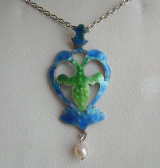 Antique Art Nouveau Silver & Blue / Green Enamel Pearl Drop Pendant On 925 Chain