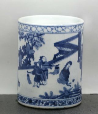 Antique Chinese Hand Painted Blue & White Porcelain Brush Pot C1920s