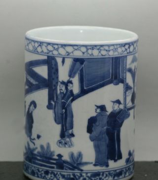 Antique Chinese Hand Painted Blue & White Porcelain Brush Pot c1920s 2