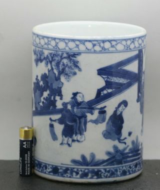 Antique Chinese Hand Painted Blue & White Porcelain Brush Pot c1920s 5