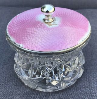 Lovely Solid Silver & Cut Glass Guilloche Enamel Powder Jar,  Birm 1927