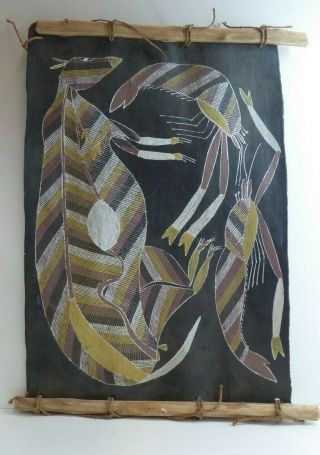 Vintage Aboriginal Bark Painting Oenpelli Fine Kangaroo Yabbies Gallery Piece