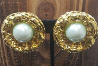 Vintage Escada Large Gold Tone Clip On Earrings Faux Pearl