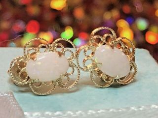 Estate Vintage 14k Yellow Gold Opal Earrings Gemstone Filigree Stud