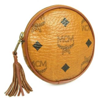 Auth Mcm Vintage Logo Monogram Leather Tassel Zip Round Coin Purse Wallet 4058