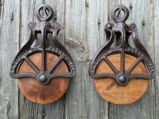 Two J E Porter Antique/vintage Cast Iron And Wood Pulleys Ornate Rustic Decor