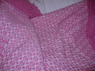 Vintage Woven Pink Blanket Catalognes Crochet Border 8.  6lbs Bed Cover