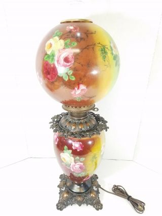 Vintage Hand Painted Gone With The Wind Oil Lamp Victorian Roses Parlor Antique