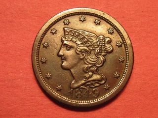 1849 Braided Hair Half Cent Unc Antique Coin - 90 Rotated Reverse Error