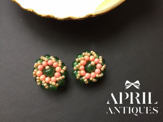 Vintage French Flower Pink Green Glass Beaded Louis Rousselet Earrings