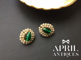 Vintage French Faux Pearl Green Glass Beaded Louis Rousselet Earrings