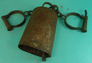 Vtg Early Antique Civil War Era? Dinner Cow Bell W/ Hand Cuff Metal Shackles