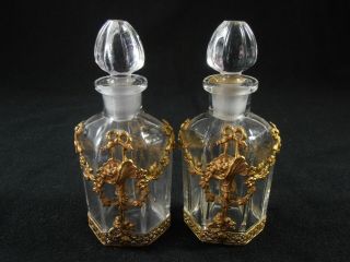 Vtg Gold Ormolu Perfume Bottles Filigree Basket Of Flowers And Swags