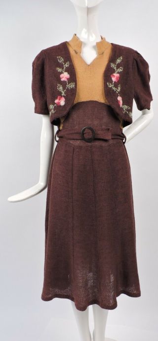 Cutest Vintage 1930’s Woven Wool Day Dress W Floral Embroidery