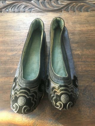 Vtg Rare Qing Dynasty Geisha Black Velvet Wave Pattern Platform Womens Shoes 7