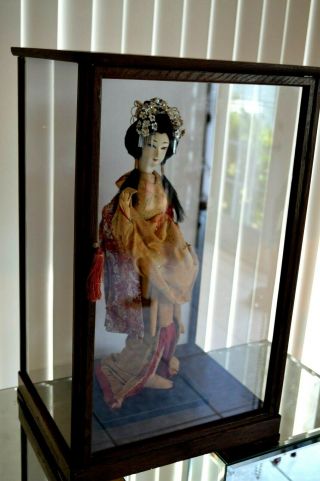 Antique Large Oriental Japanese Geisha Doll In Glass Case