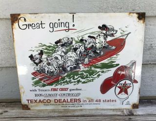 Vintage Texaco Fire Chief Dalmatians Gasoline Porcelain Gas Pump Plate Sign