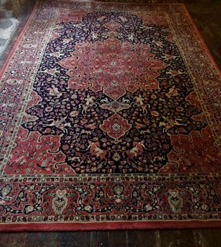 Vintage X LARGE Persian WOOL Rug 3x2m Hunting ANIMALS Keshan Safavid Medallion 10