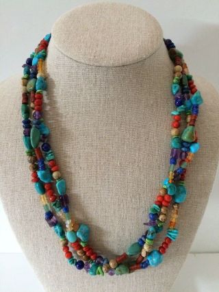 Vintage Southwestern 3 Strand Multi Stone Beaded Necklace