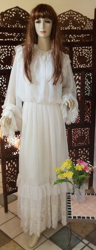 Vintage 1970’s White Chiffon Gown Wedding Or Period Costume Richiline York