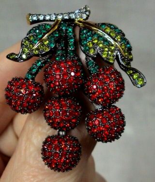 Joan Rivers Brooch Pin Rhinestone Crystal Cherry Cherries Cluster