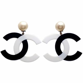 Authentic Vintage Chanel Earrings Black White Cc Logo Faux Pearl Dangle Ea2475